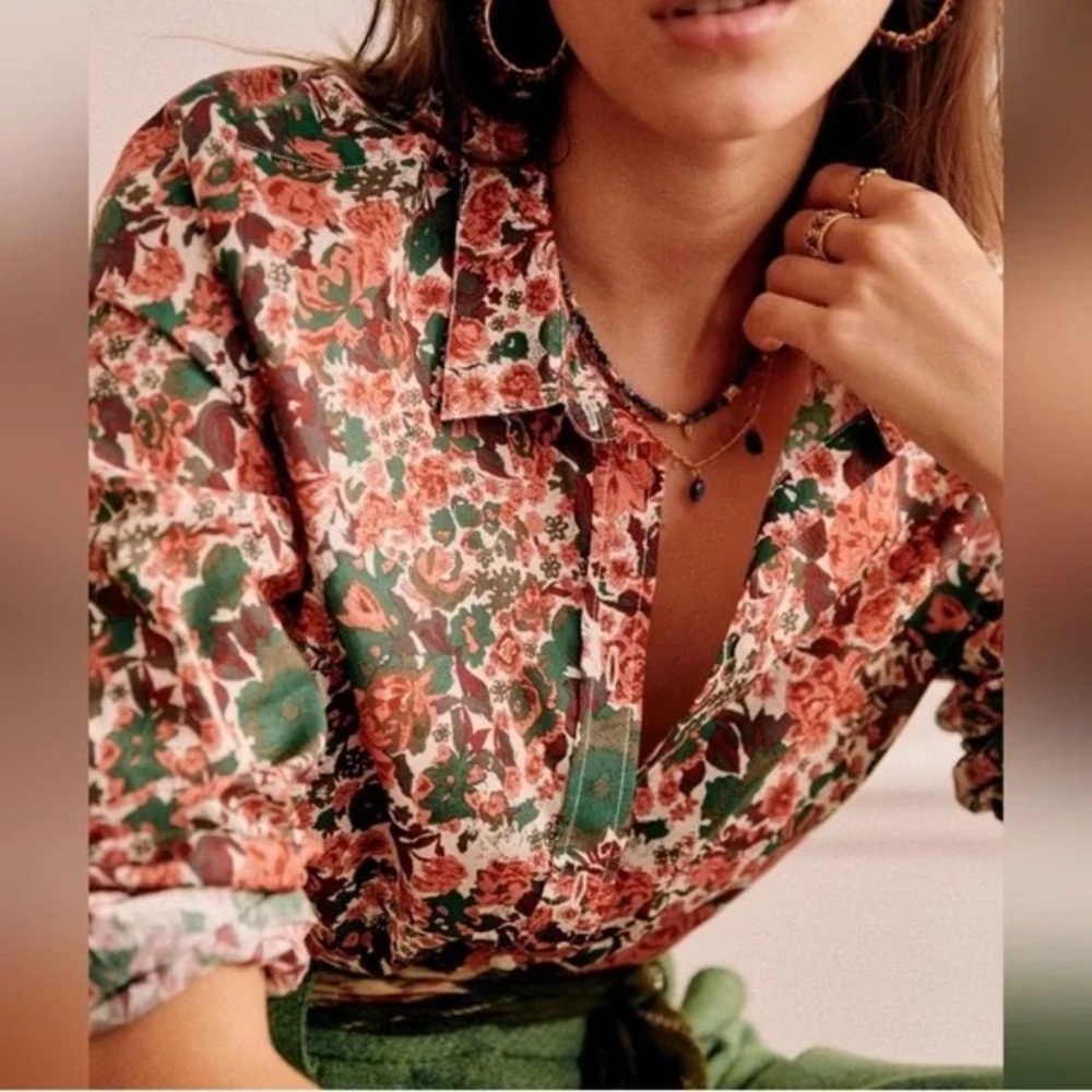 SEZANE Pierro Shirt Peach Green Floral Print Button Down Size36 US4 Fall Autumn